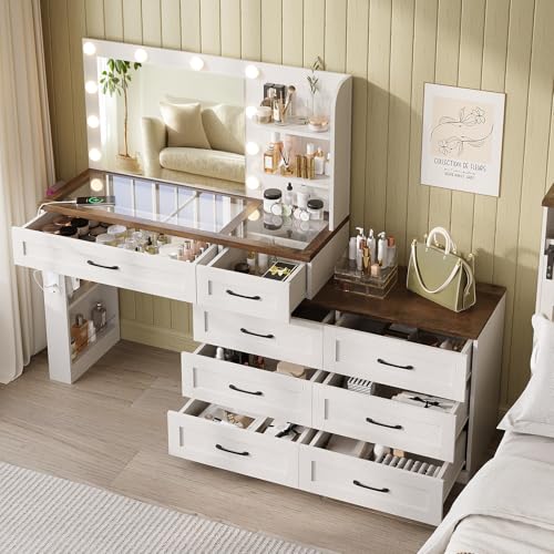 Farmhouse Makeup Vanity Desk, Vanity 6-Drawer Dresser Combo, Antique White | Large Make Up Dressing Table, with Mirror and Lights, Glass Top, 8 Drawers, Charging Station, Open Storage, for Bedroom