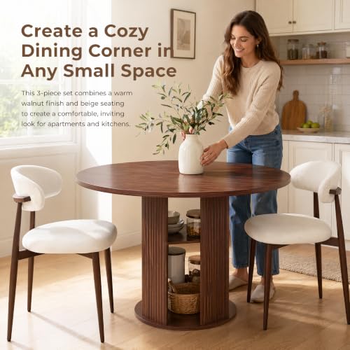 3-Piece Walnut Round Dining Table Set with 2 Upholstered Chairs, 47 Inch Kitchen Table for 2-4, Circle Dining Room Table Set with 2-Tier Storage Shelf, Wood Top Metal Frame for Small Spaces - color: Walnut