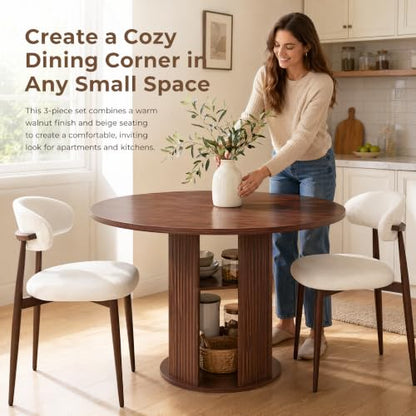 3-Piece Walnut Round Dining Table Set with 2 Upholstered Chairs, 47 Inch Kitchen Table for 2-4, Circle Dining Room Table Set with 2-Tier Storage Shelf, Wood Top Metal Frame for Small Spaces - color: Walnut