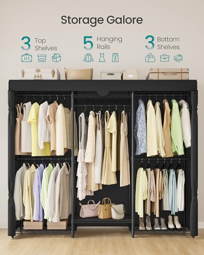 SONGMICS Heavy-Duty Clothes Rack, Garment Rack, Portable Closet, 68.7-Inch Wide Clothing Rack with Adjustable Mesh Shelves and Hanging Rails, Ink Black ULGR435B01 - color: Ink Black, size: 68.7"L x 76"H, style: With Fabric Cover