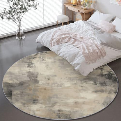 Abstract Striped Pattern Round Area Rug 7 ft, Washable Non-Slip Ultra-Soft Low Pile Carpet, Non-Shedding Gray Beige Retro Style Circle Rug for Bedroom Entryway Kitchen Bathroom Office - color: Gray Beige 1, size: 7' (Round)