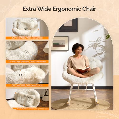 VINGLI 25.6" Extra Wide Criss Cross Nursery Rocking Chair,Cute Curved 115° Reclining Armless Glider,Plush Small Rocker w/Pillow & Solid Wood for Indoor,Bedroom, Living Room,Fluffy Fleece,White - color: Fluffy-white