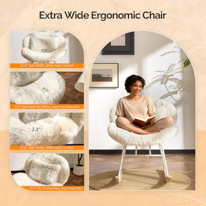 VINGLI 25.6" Extra Wide Criss Cross Nursery Rocking Chair,Cute Curved 115° Reclining Armless Glider,Plush Small Rocker w/Pillow & Solid Wood for Indoor,Bedroom, Living Room,Fluffy Fleece,White - color: Fluffy-white