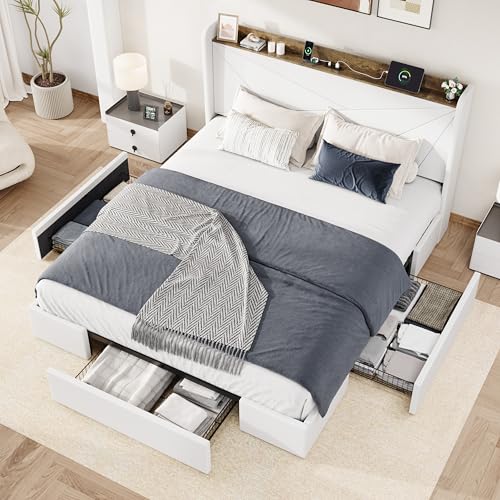 Allewie King Size Velvet Bed Frame with Storage Drawer and USB Ports, White | 3 Large Storage Drawers, Upholstered Wingback Storage Headboard, Charging Station, No Box Spring Needed, Easy Assembly - color: White, size: King