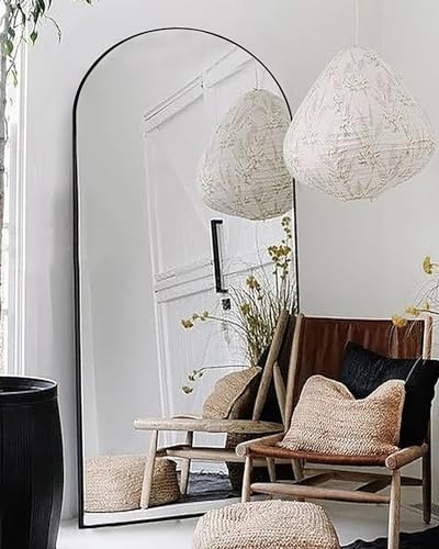 Arched Floor Mirror, 76"34" Full Length Mirror with Stand, Freestanding, Aluminum Frame - Black - color: Black, size: 34"L x 76"W