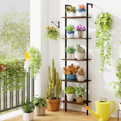 Tangkula 5-Tier Ladder Shelf, 70 Inch Wall-Mounted Open Bookshelf with Anti-Tipping Kits, Metal Frame, Industrial Display Rack Storage Vertical Bookcase for Living Room Home Office (2, Rustic Brown)