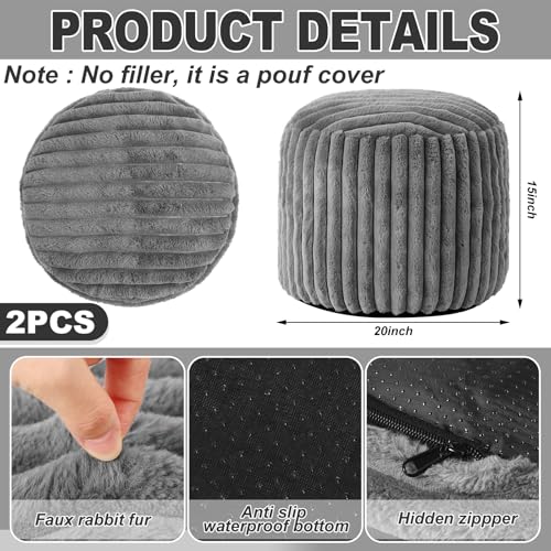 Teenyyou 2 Pcs Unstuffed Pouf Ottoman Cover Gray, 20 x 15 in No Filler | Soft Faux Fur Ribbed Texture, Floor Footrest for Living Room Bedroom, Bean Bag Seating Storage, Empty Cover No Insert - color: Grey, size: 20 x 15 In