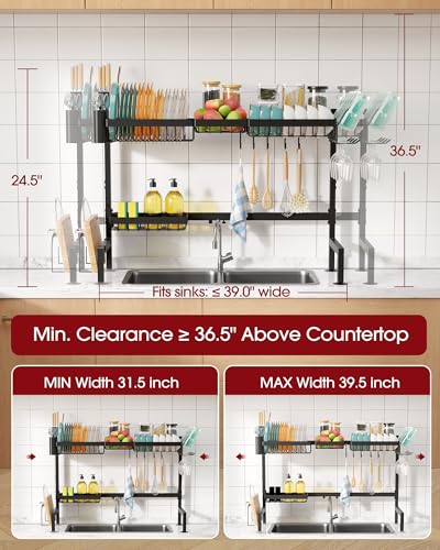 Sakugi Over The Sink 접시 건조대 - 조절 가능한 2단 XL 용량 스테인리스 스틸 배수구, 커틀러리 및 식기 홀더 포함, 주방 보관 및 정리, 길이 80cm(31.5-39.5인치) x 너비 30.5cm(12인치) x 높이 61.4cm(24.5인치), 블랙 - color: 블랙., size: Plus - 4 Baskets
