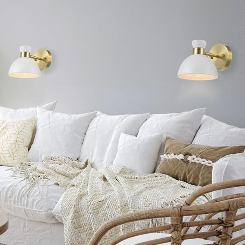 Globe Electric Plug-in or Hardwire Wall Sconce, Matte Brass, White Pivoting Bell Shade, 6-Foot Clear Cord, 65000099 - color: Brass, Matte White