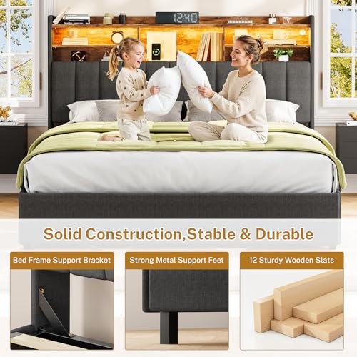Queen Bed Frame with Headboard and 4 Drawers Storage, Bed Frame Queen Size Built in LED Lights and Charging Station, Sturdy & Noise-Free Upholstered Platform Metal Support Bed, Dark Grey