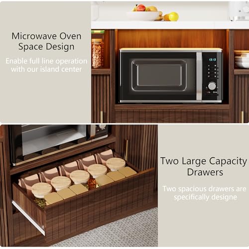 Island Table for Kitchen,Kitchen Island with Storage Marble Island | Cart with Power Outlet & RGB LED Light, Rolling Buffet Cabinet with Microwave Shelf, 2 Drawers, Marble Countertop, Walnut - color: Walnut