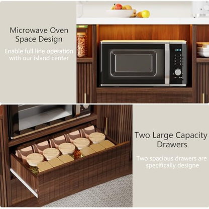 Island Table for Kitchen,Kitchen Island with Storage Marble Island | Cart with Power Outlet & RGB LED Light, Rolling Buffet Cabinet with Microwave Shelf, 2 Drawers, Marble Countertop, Walnut - color: Walnut