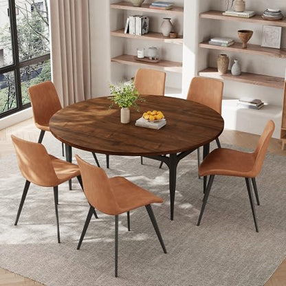 HIPIHOM 55‑Inch Extendable Dining Table Set with 6 Upholstered Chairs and Metal Frame for Dining Room - color: Walnut/Brown-b