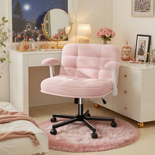 DurayLoly Criss Cross Chair with Wheels and Flip-up Arms | 360° Swivel,Plush Teddy Fabric Cross Legged Chair, Adjustable Height for Bedroom, Home Office, Apartment,Vanity,Pink - color: Light Pink