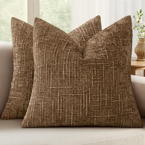 MIULEE Chenille Textured Fall Throw Pillow Covers Toffee 18x18 Set of 2 | Slubby Decorative Pillows, Boho Farmhouse Rustic Home Decor, Modern Neutral Cushion Covers for Couch Sofa Bed Living Room - color: Toffee, size: 18" x 18" (Pack of 2)