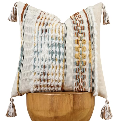 Chenille Striped Tufted Textured Boho Throw Pillow Covers Aesthetic with Tassels Woven Decorative Pillow Case for Couch Bed Sofa Bedroom Modern Funky 18 x 18-Inch Brown White - color: Brown White, size: 18" x 18" (Pack of 1)