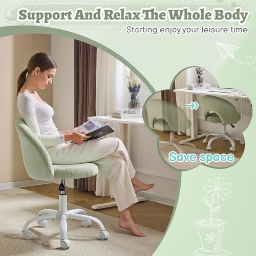 VINGLI Small Vanity Chair with Faux Fur Wheels for Girls,Cute Adjustable Height Armless Office Desk Chair,360°Swivel Comfy Rolling for Study,Make up Room,Small Space,Mint Green - color: Furry Mint Green