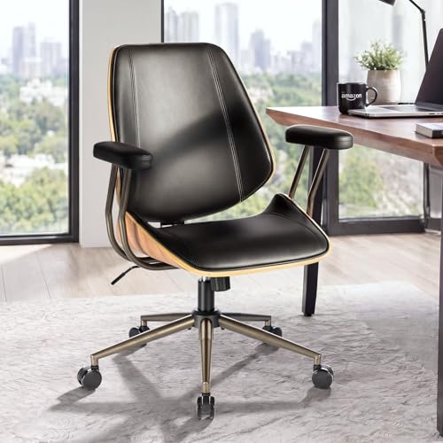 Modern Mid Back Office Chair, Adjustable Swivel Desk Chair with Arms, Black | Faux leather seat, wood accent detail, mid-back with padded armrests, adjustable swivel, for home office, bedroom & study - color: Black, size: 1-Piece Back / No Headrest