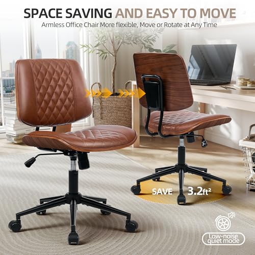Home Office Desk Chair with Swivel Wheels, Ergonomic Adjustable Height Small Office Chair, Premium PU Leather Armless Computer Chair for Home Office, Reading Meeting Room, Modern Walnut Style (Brown) - color: Mcm Style-brown