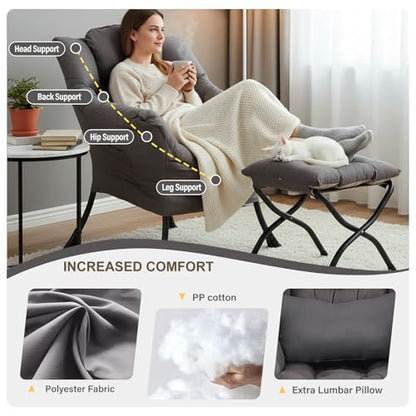 Lazy Chair with Ottoman, Reading Chair with Pillow，Dark Grey | Comfy Accent Lounge Chair with Pillow & folding Foot Stool, sturdy metal frame for bedroom, dorm or apartment, Living Room - color: Dark Grey