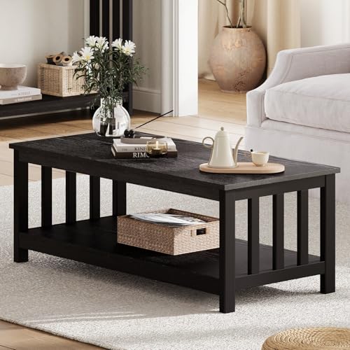 ChooChoo Mission Coffee Table, Black Wood Living Room Table with Shelf, 47 inch - color: Black, size: 22"D x 47.2"W x 18.1"H