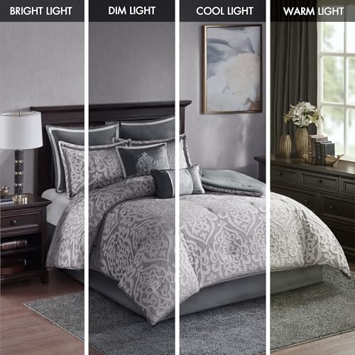 Madison Park Odette Cozy Comforter Set Jacquard Damask Medallion Design - Modern All Season, Down Alternative Bedding, Shams, Decorative Pillows, Queen(90 in x 90 in), Silver 8 Piece | All Season Down Alternative Bedding with Comforter, Shams, Bed Skirt,