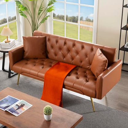 Anwick 72''Modern Velvet Sofa Bed Futon,Convertible Folding Sleeper Couches with 3 Adjustable Backrests,Tufted Recliner Loveseat with Golden Chrome Legs for Living Room Apartment Office (Brown) - color: Brown