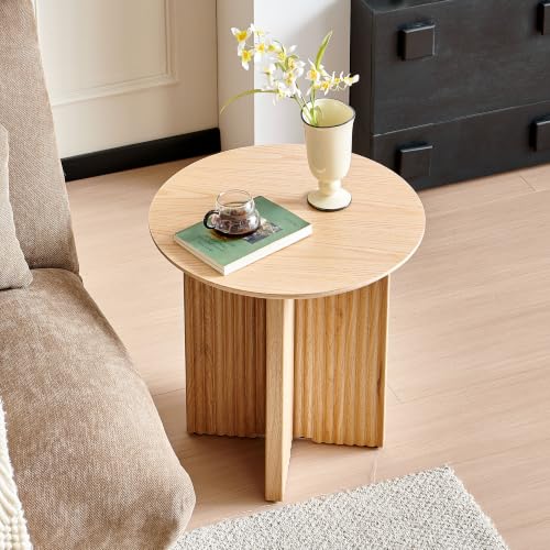 Round Fluted End Table, 19" Side Table, Modern Bedside Table, Mid-Century Modern Nightstand,Easy Assembly, for Small Spaces, Living Room, Bedroom, Oak - color: Oak, size: 19" Cross-leg Table