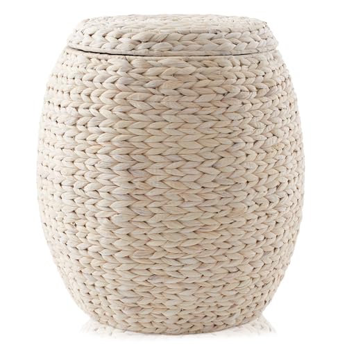 Casafield Round Storage Basket with Lid - Whitewash, Handwoven Water Hyacinth Organizer for Laundry, Blankets, Plants, Bedroom, Living Room, Office - color: Whitewash