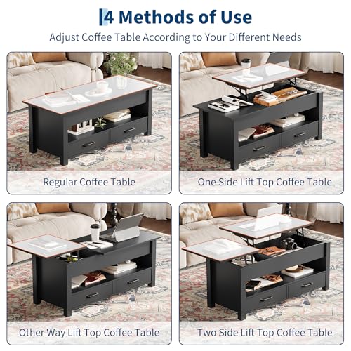 Multifunctional Lift Top Coffee Table, Convertible Wooden Coffee Table with 2 Drawers & Hidden Compartment, Storage Center Table for Living Room Home Office,Black - color: Black