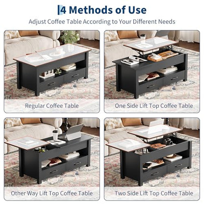 Multifunctional Lift Top Coffee Table, Convertible Wooden Coffee Table with 2 Drawers & Hidden Compartment, Storage Center Table for Living Room Home Office,Black - color: Black