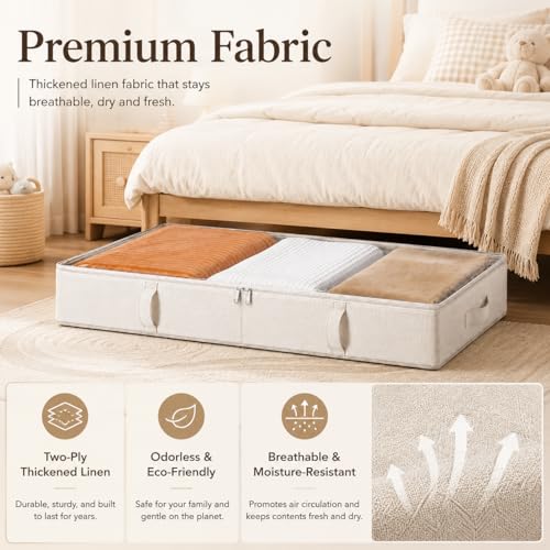 Side-Supported Under Bed Storage Containers, 6 Inches Tall 60L Underbed Storage Bins with Sturdy Handles and Sidewalls, Closet Organizer for Clothes, Blankets, Seasonal Items, Beige, 2-Pack | Underbed Storage Bin with Sturdy Handles and Sidewalls, Closet