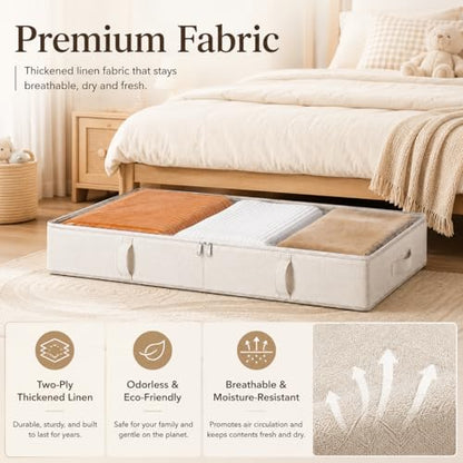 Side-Supported Under Bed Storage Containers, 6 Inches Tall 60L Underbed Storage Bins with Sturdy Handles and Sidewalls, Closet Organizer for Clothes, Blankets, Seasonal Items, Beige, 2-Pack | Underbed Storage Bin with Sturdy Handles and Sidewalls, Closet