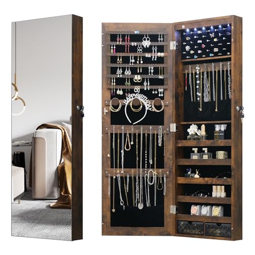 LED Jewelry Cabinet Armoire Organizer,Wall/Door Mount Jewelry Organizer and Storage with Full-Length Mirror Hanging Jewelry Organizer Full Length Mirror with Storage Large Capacity - color: Rustic Brown, size: 43.3*14.6 LED Mirror