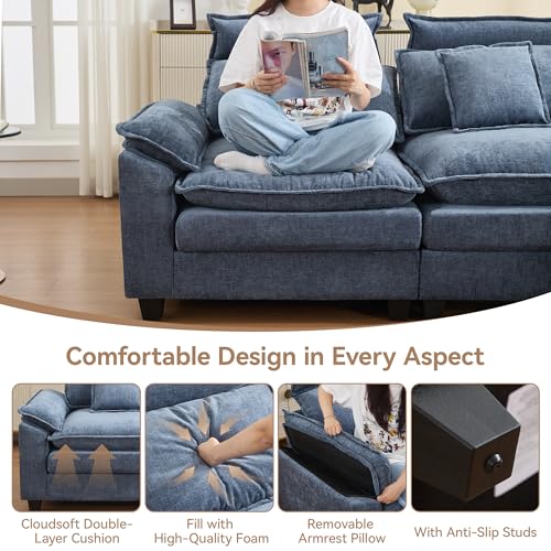 103'' Cloud Modern 3 Seater Couch with Detachable Headrest, Modular Sectional Sofa with Ottoman, Oversized L Shape Chenille Comfy Sofa with Armrests for Living Room, Blue - color: Blue, size: L Shaped Couch