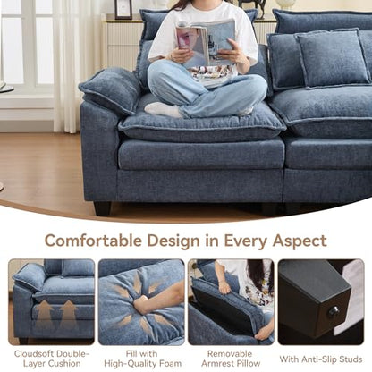 103'' Cloud Modern 3 Seater Couch with Detachable Headrest, Modular Sectional Sofa with Ottoman, Oversized L Shape Chenille Comfy Sofa with Armrests for Living Room, Blue - color: Blue, size: L Shaped Couch