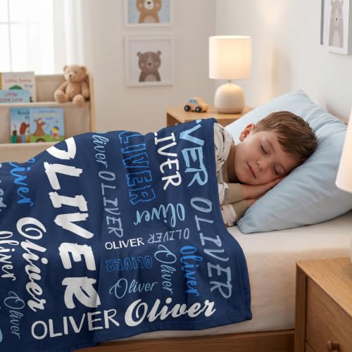 Personalized Blanket with Name, Custom Name Blanket Gifts for Kids Adults Boys Girls Teen, Soft Customized Fleece Flannel Throw for Bedroom Living Room, Birthday Christmas - color: Navy Blue