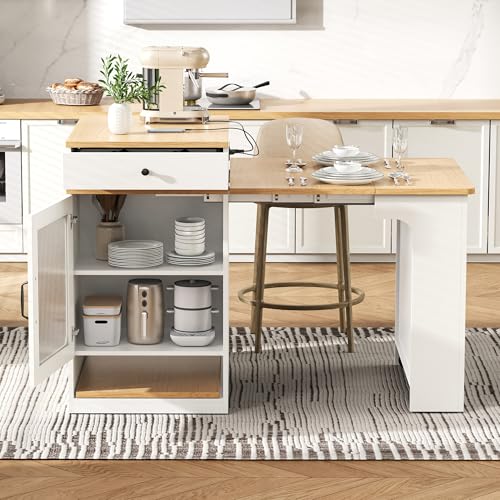 59.5" Kitchen Island with Extendable Dining Table, Kitchen Storage Table with Double-Sided Storage & 2 Drawers, Power Outlet, Side Open Shelves, for Dining Room (White3) - color: White3
