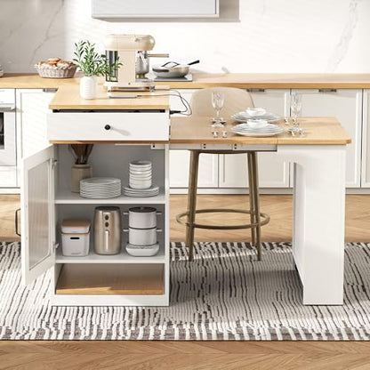 59.5" Kitchen Island with Extendable Dining Table, Kitchen Storage Table with Double-Sided Storage & 2 Drawers, Power Outlet, Side Open Shelves, for Dining Room (White3) - color: White3