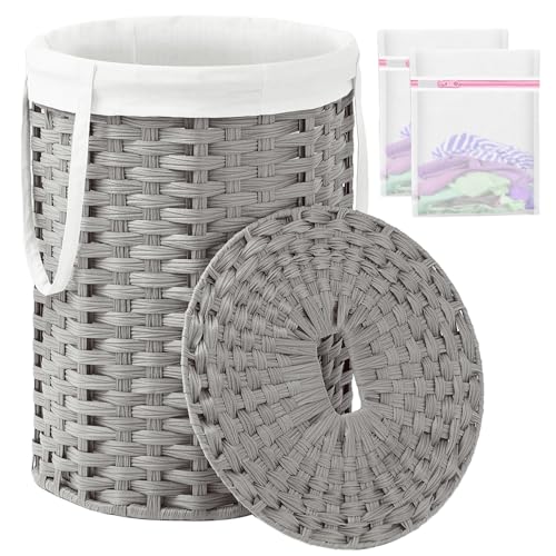 SETVSON Laundry Hamper with Lid Laundry Basket with Lid 19.0 Gal, Gray | Round Clothes Organizer with Lid, Removable Inner Liner Bag with Handles, 2 Mesh Wash Bags, Easy 5-Minute Assembly - color: Gray, size: 72 L