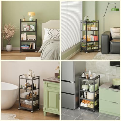 Adjustable 4 Tier Rolling Cart Metal Utility Carts with Lockable Wheels Rolling Storage Cart for Kitchen Bathroom Office Bar Microwave Laundry Snack Coffee Craft Organizer Black