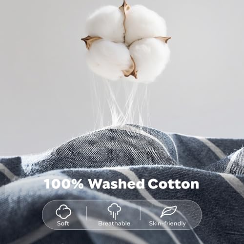 JELLYMONI Cotton Duvet Cover Oversized King Size - Blue Pinstriped Comforter Cover with Button 100% Washed Cotton 3PCS Breathable Soft Solid Bedding Set Duvet Cover 120×98in & 2 Pillowcases - color: 03- Blue Pinstripe, size: Oversized King(120"×98")