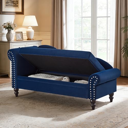ERYE Velvet Upholstered Right Facing Chaise Lounge Chair, Blue Chaise Lounge Storage W/Nailhead Trim, Wood Legs, Classic Recliner Lounger Accent Sofa for Living Room Bedroom - color: Navy Blue/R