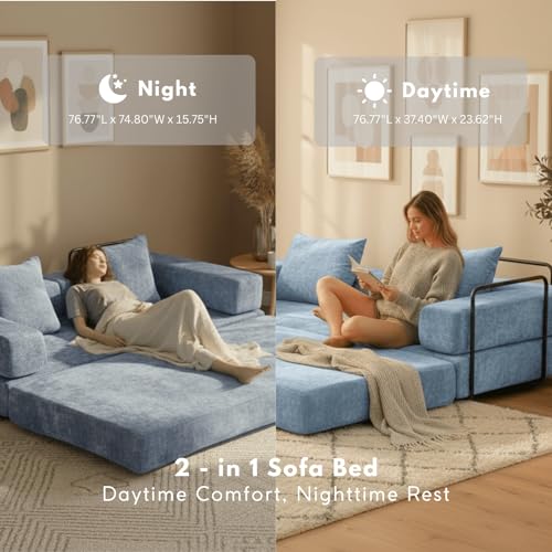 Alpen 77" Futon Couch Bed, 4-in-1 Convertible Sleeper Queen with L-Shaped Armrests, Floor Couch Beds, Lazy Sofa for Living Room Bedroom, Apartment, Light Blue - color: Blue-chenille