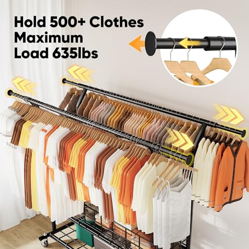HOKEEPER Clothes Rack Load 635 LBS, Black Double Rod with Metal Basket | Heavy Duty Clothing Rack, Large Storage Space, with Wheels, Easy to Move & Assemble, 5 Years Sweet Service, 21.6"D*71"W*68"H - color: Black