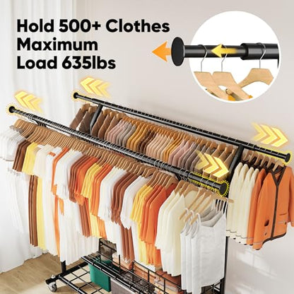 HOKEEPER Clothes Rack Load 635 LBS, Black Double Rod with Metal Basket | Heavy Duty Clothing Rack, Large Storage Space, with Wheels, Easy to Move & Assemble, 5 Years Sweet Service, 21.6"D*71"W*68"H - color: Black