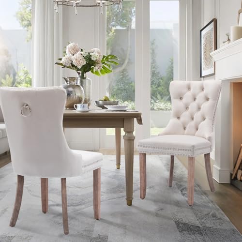Velvet Upholstered Dining Chairs Set of 2, Modern Style Kitchen Side Chairs with Nailhead Trim and Wood Legs,Metal Pulling Ring for Dining Room Living Room(Beige,Set of 2) - color: Beige, size: Set of 2
