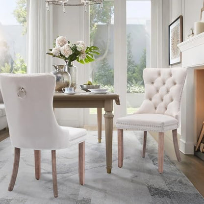 Velvet Upholstered Dining Chairs Set of 2, Modern Style Kitchen Side Chairs with Nailhead Trim and Wood Legs,Metal Pulling Ring for Dining Room Living Room(Beige,Set of 2) - color: Beige, size: Set of 2