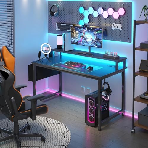 Lufeiya Black Gaming Desk with LED Lights and Power Outlets, 40 Inch Teen Writing Study Table Home Office Desks with Monitor Stand, Computer Desk with Charging Station USB Port, Black - color: Black, size: 39.4"