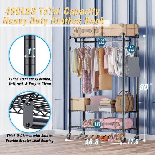 Homdox Rolling Garment Rack with Double Rod, Heavy Duty Clothing Rack with Shelves, Portable Clothes Rack, Free Standing Wardrobe Rack, with Lockable Wheels & Hanging Hooks, Max Load 450 LBS, Black - color: Black, size: 17.72"D x 47.24"W x 80.71"H